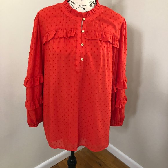 Loft Dot Textured Ruffled Long Sleeve Top Size L NWT. - Picture 3 of 16